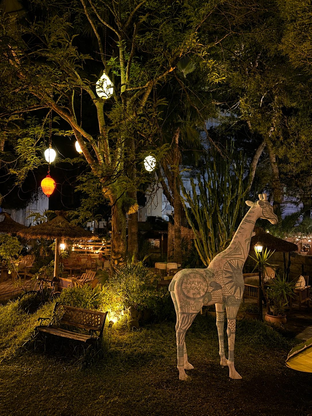 Garden lounge lit up at night