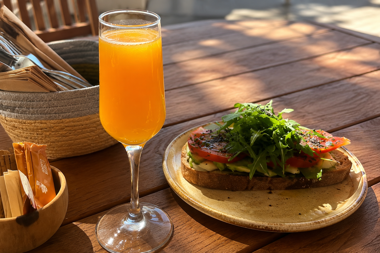 Avocado toast with tomato, rocket and mozzarella, and fresh orange juice