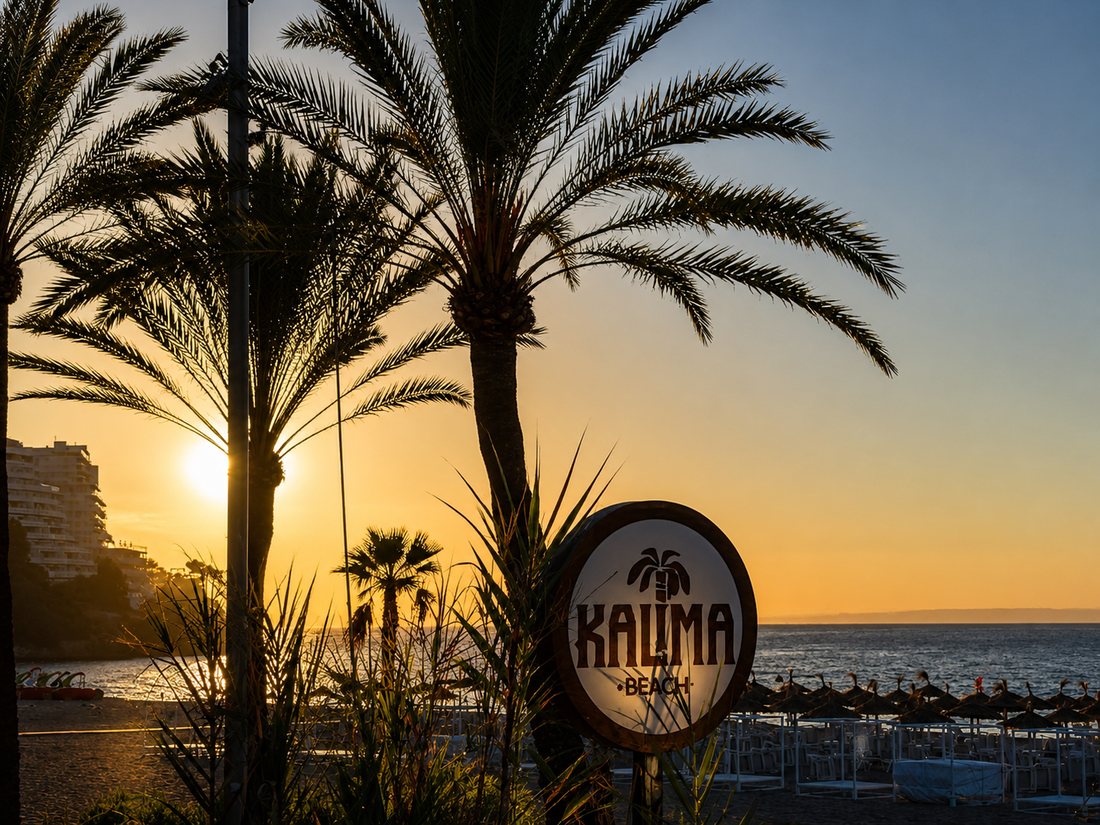 The Kalima Beach sign among palms at golden hour by the sea