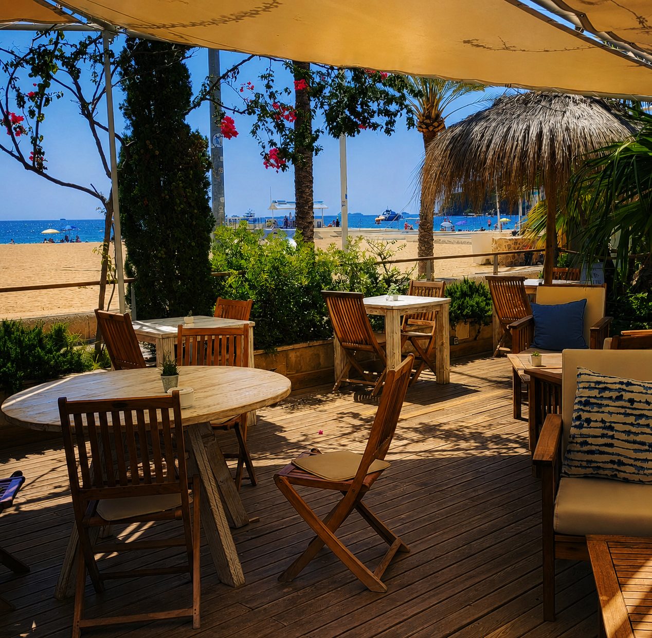 Beachfront terrace with wooden tables and sea views